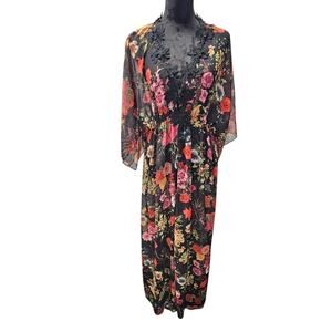 Farm Rio Alaina Floral Maxi Sheer Cover Up Dress Women's XL Embroidered Flower